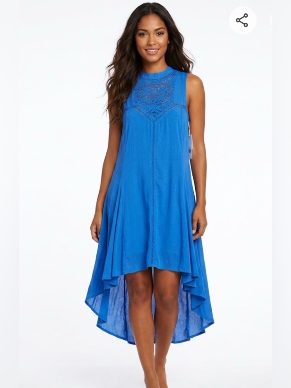 Lagaci Vibrant Blue Sleeveless High-Low Dress with Lace Yoke